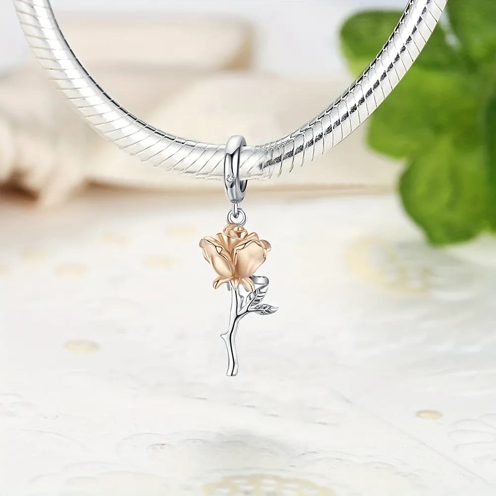 925 Sterling Silver Two Tone Rose Charm Pendant